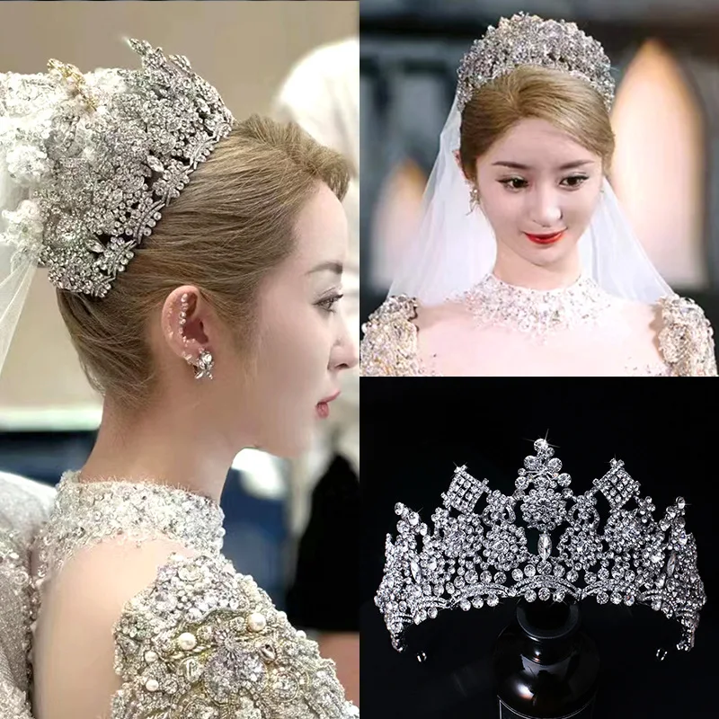 

Luxury Big Rhinestone Geometric Bridal Tiaras Crown Baroque Crystal Pageant Prom Diadem Bride Headbands Wedding Hair Accessories