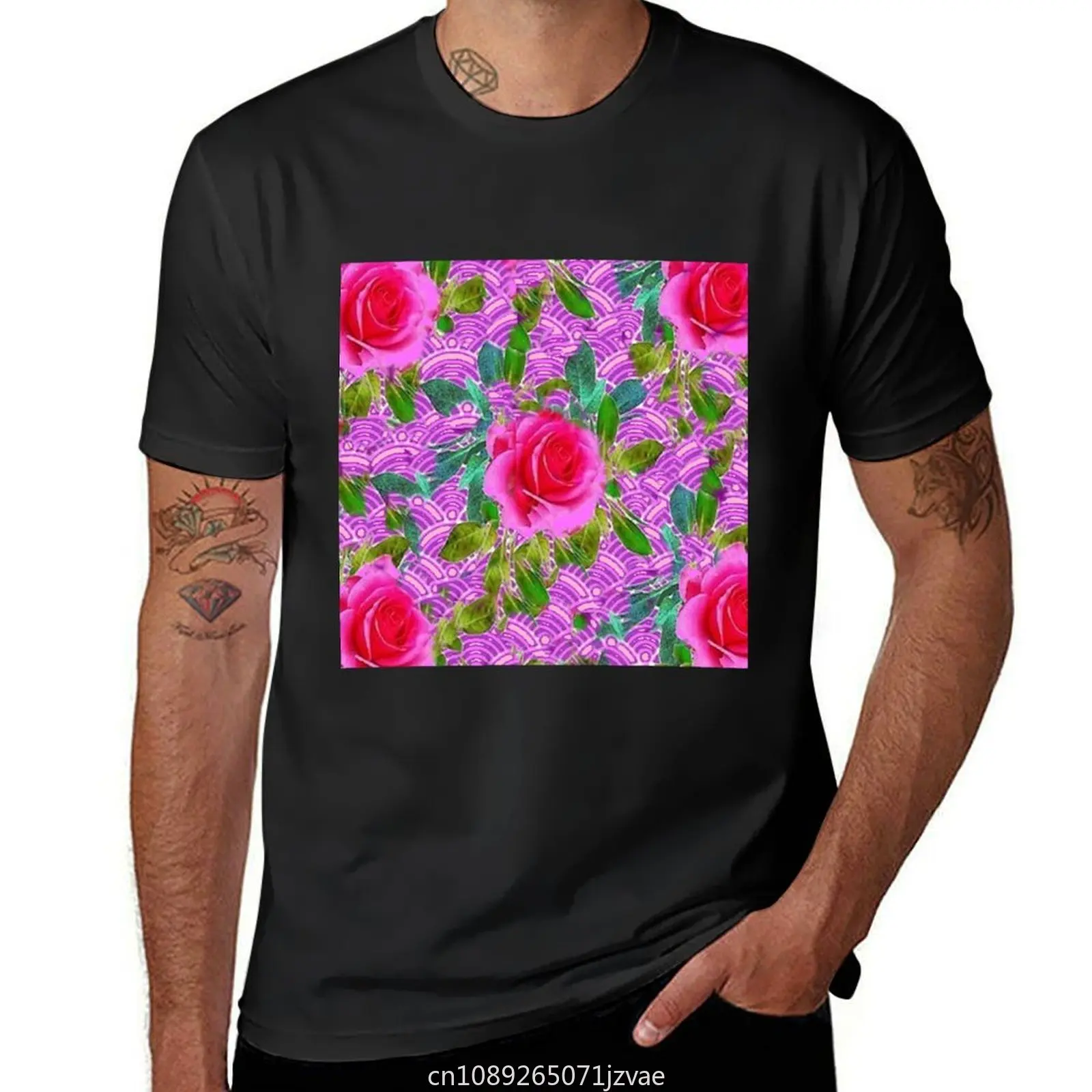 FUCHSIA PINK ROSE GARDEN PURPLE PATTERN ART T-Shirt new edition heavyweights Short sleeve tee men