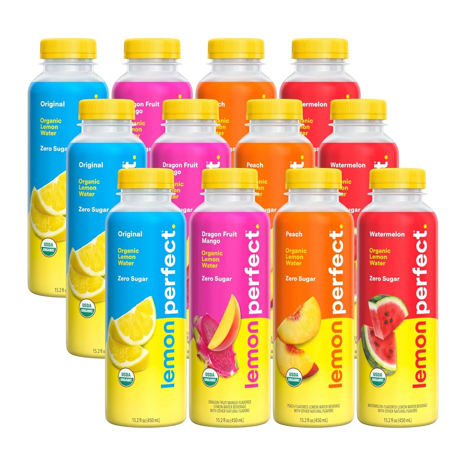 

4-Flavor Variety Pack, Flavored Lemon Water, Organic, Zero Sugar, Healthy Hydration Drinks, 15.2 fl oz Bottles (12