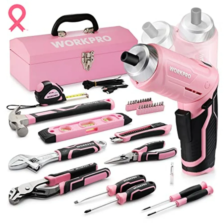 

Pink 75-Piece Tool Set with 3.7V Rotatable Cordless Screwdriver and 13'' Portable Steel Tool Box for Home Garage rtment Dorm Ne
