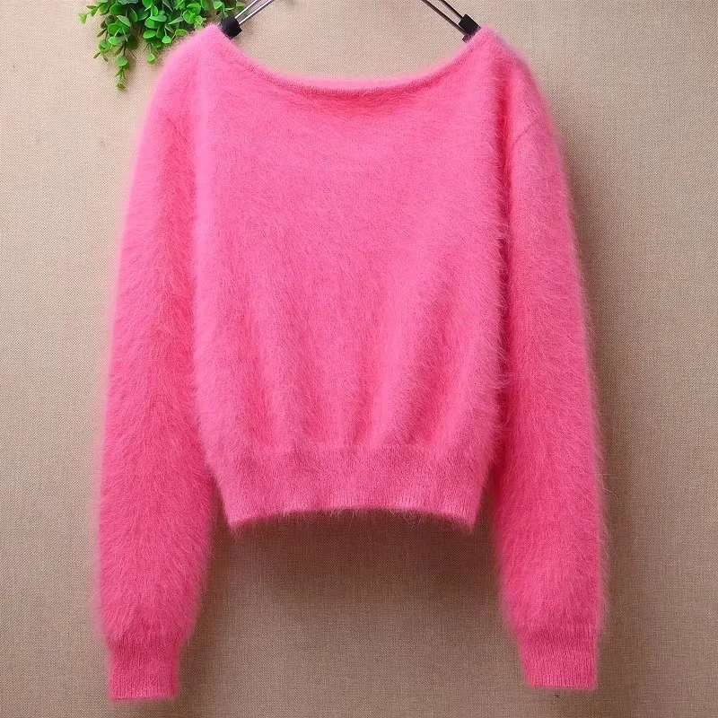 04 ropa de Otoño Invierno para mujer, dulce Rosa, pelo de conejo Angora tejido con cuello redondo, blusas ajustadas de manga larga, Jersey, suéter, Top