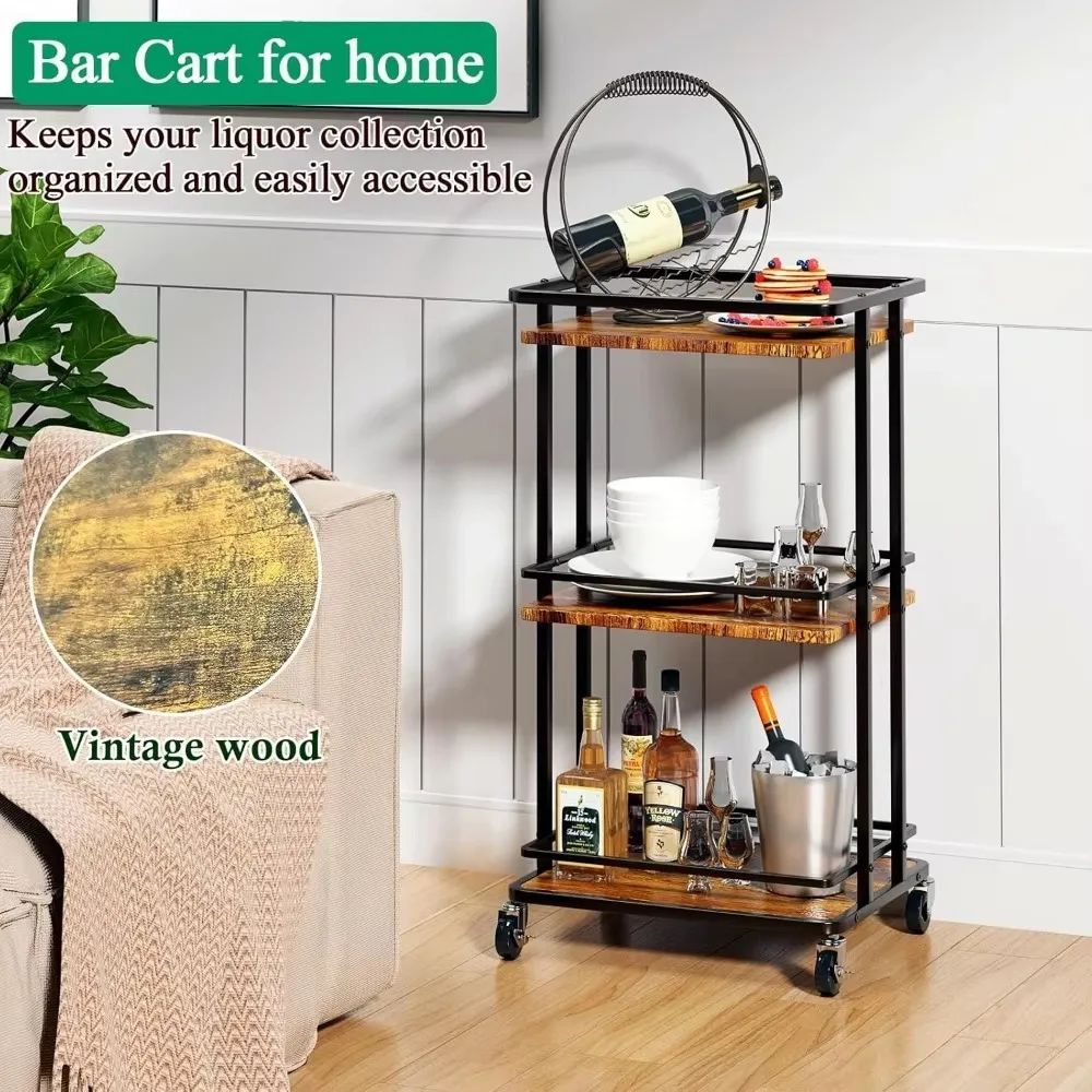 3 storey home bar cart, rolling minibar for wine drinks dinner, utility kitchen storage island wheels service cart