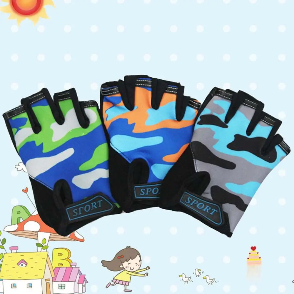 

Girls Non-slip Breathable Hiking Elastic Riding Equipment Children Cycling Gloves Camouflage Bike Mittens Half Finger Golves