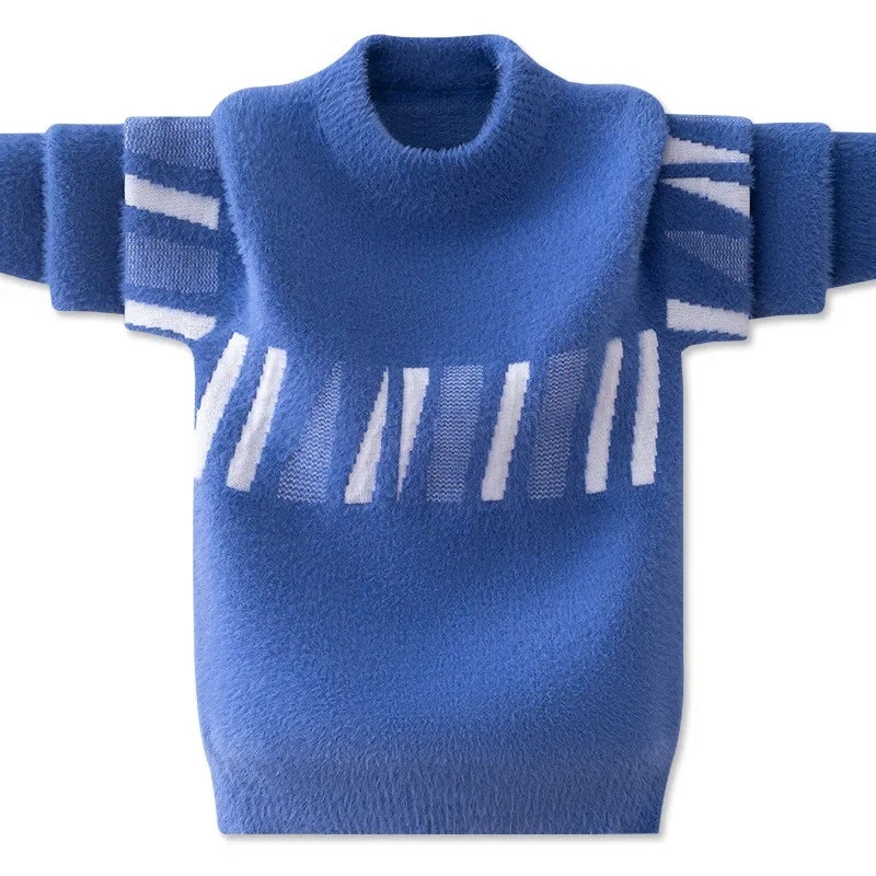 

2023 Autumn Winter Thickend Plush Sweater Boys O-Neck Korean Pullover Sweater Fluff Warm Casual Striped Knitwear for Boy 3-12T