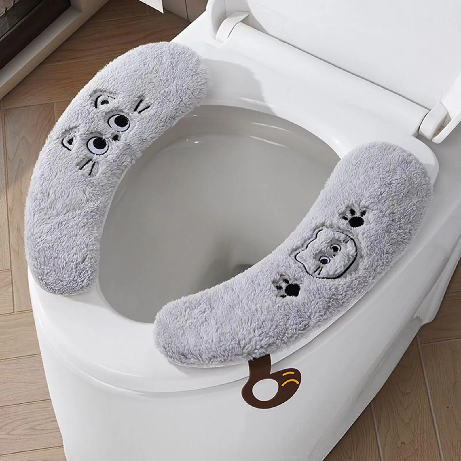 1Pair Toilet Seat Cover Soft Warm Washable Adhesive Plush Bathroom Toilet Seat Warmer Pads For Winter Cold Weather Home RV