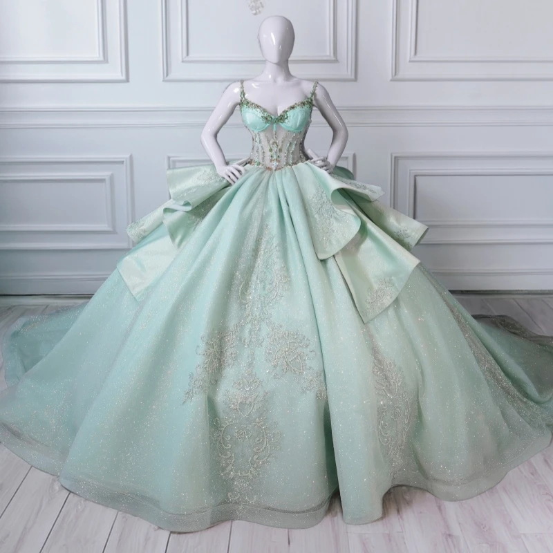 

Mint Green Shiny Quinceanera Dresses Ball Gown Off The Shoulder Applique Lace Beading Crystal Corset Tull Party Birthday Sweet