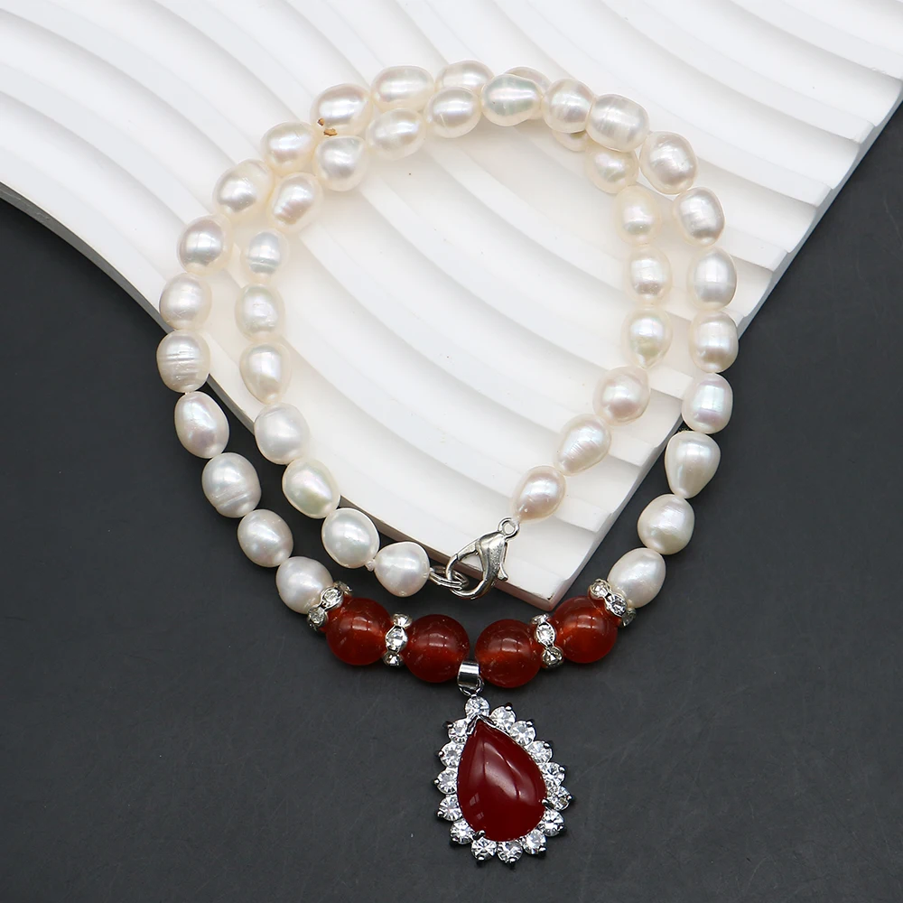 

White Rice Pearl Beaded Necklace with Teardrop-shaped Agate Pendant 8-9mm High-quality Collarbone Chain Women's Jewelry Gifts