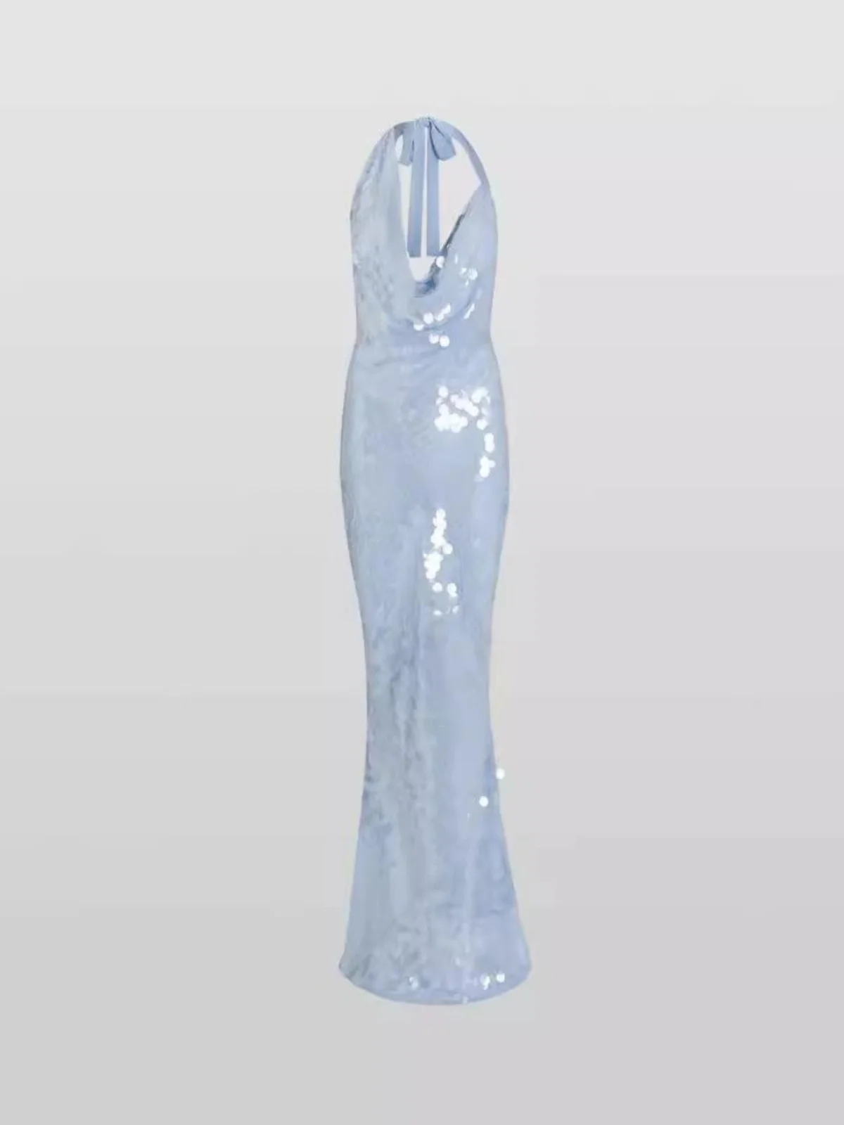 

Blue Mermaid Sequin Neck Hanging Dress Belted Backless Long Gown Fashionable Elegant Style No Sleeve Tailored for Date Party ...