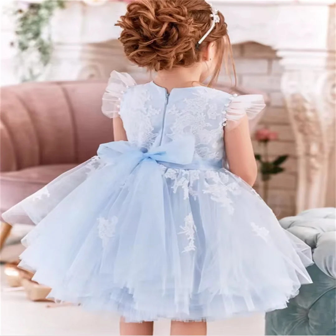 Flower Girl Dresses Blue Angel Tulle Appliques Pearl Sleeveless For Wedding Birthday Party Banquet Princess First Communion