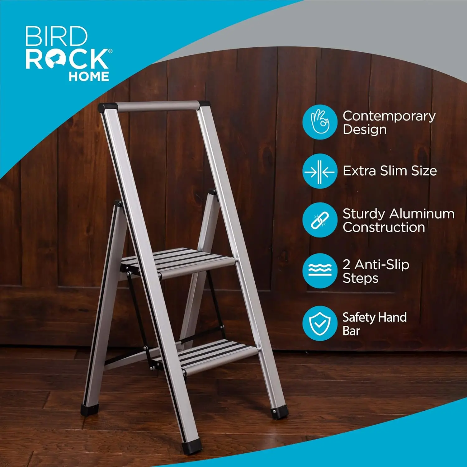 Birdrock Home 2 Step Ladder | Folding Anti-Slip Step Stool, 250 Lb Capacity | Lightweight, Slim & Sturdy Design For Household,