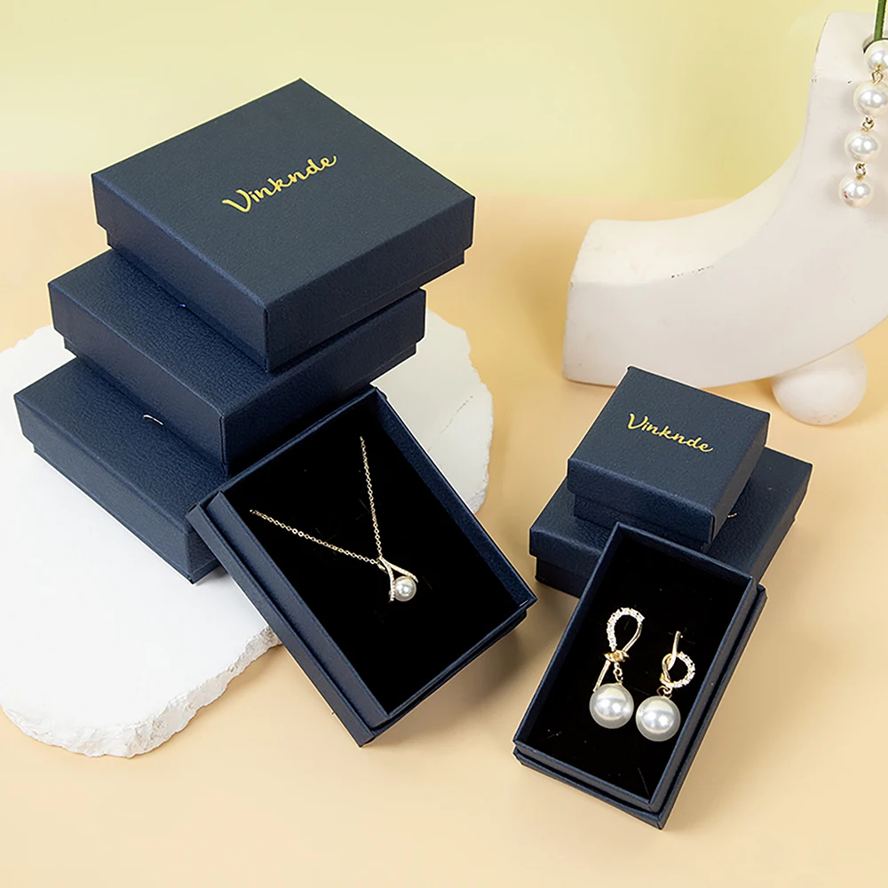 

100Pcs Custom Logo Jewelry Packaging Navy Paper Box Small Gift Organizer Rings Earrings Studs Necklace Bracelet Brooch Storage