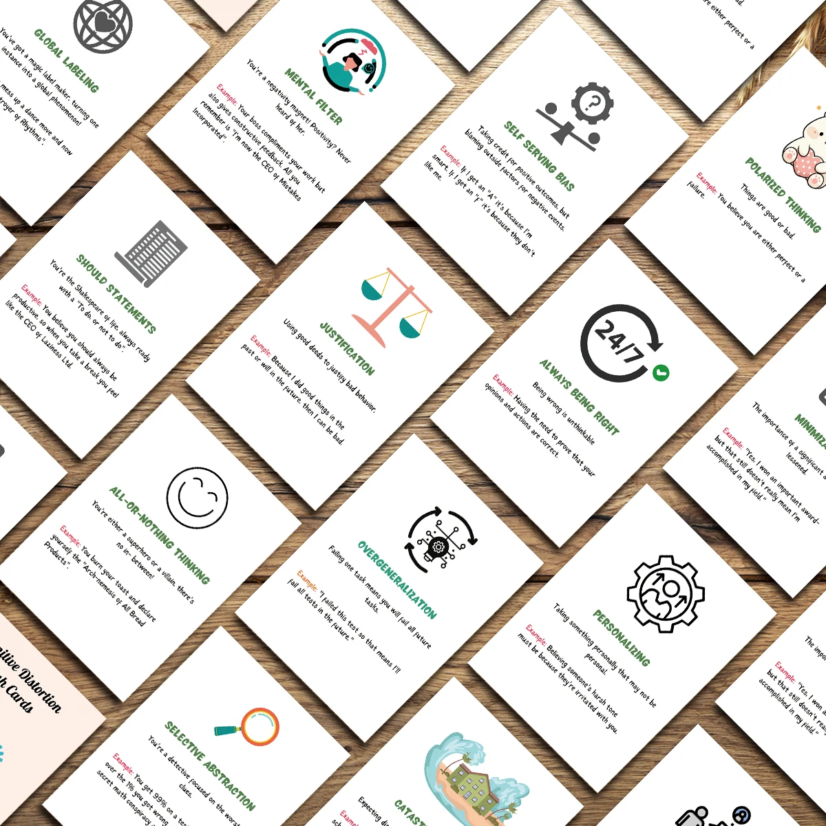 22pcs Cognitive Distortion Flash Cards,Educational Cards For Therapy,Counseling,Mental Health Awareness,For Educator,Office Gift