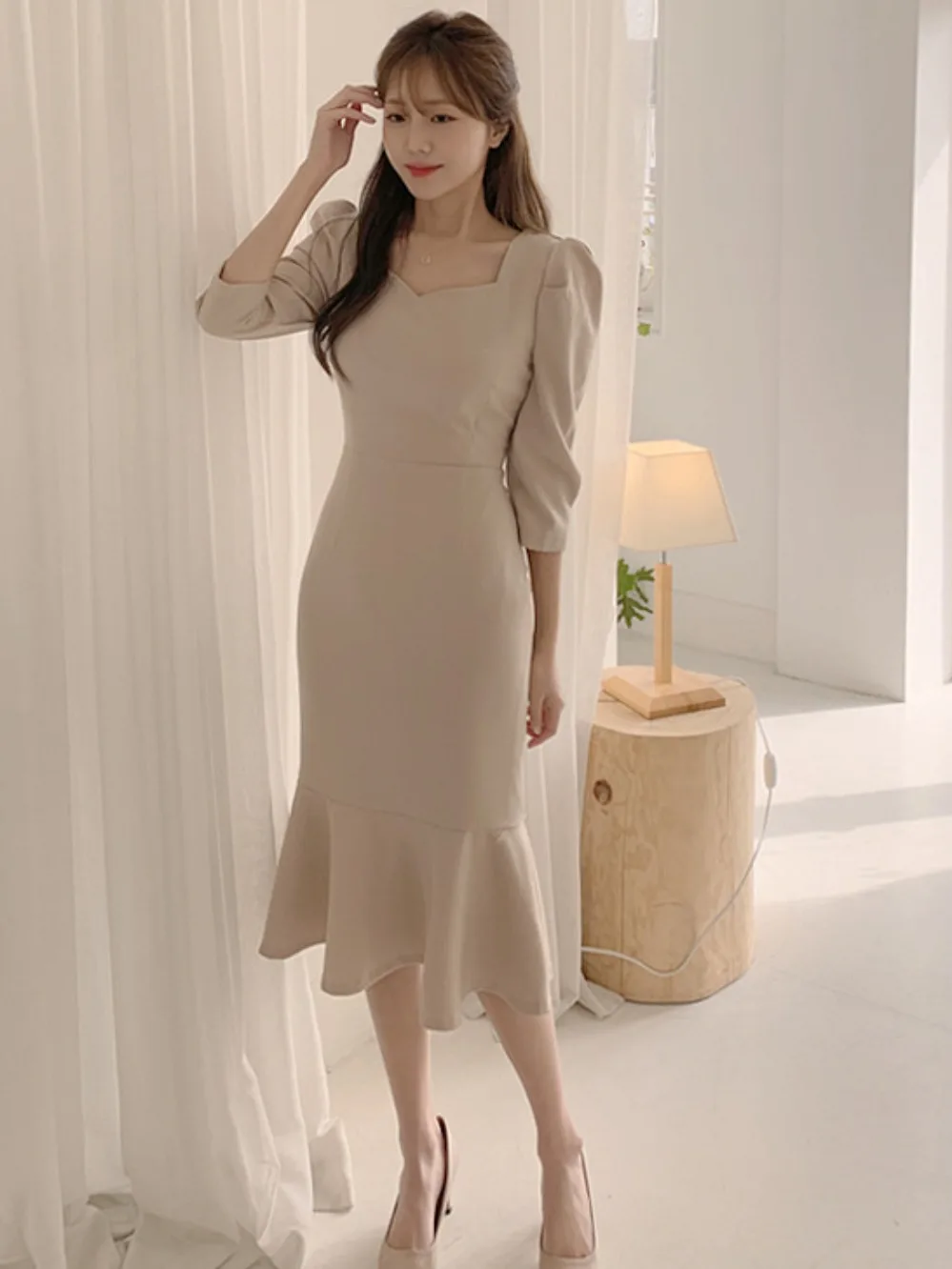 Colletto a cuore retrò di inizio autunno Dr Fi Tail Seven Sve Midi Dr Commute Sle Vestibilità regolare Medio Softn Online Excl...