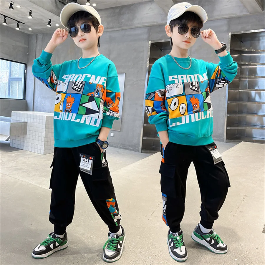 Fashion Boys Clothes Sets Spring Autumn Sports Long Sleeve T-shirts + Pants 2PCS Children Clothing Kids Tracksuit 6 8 10 12 Year