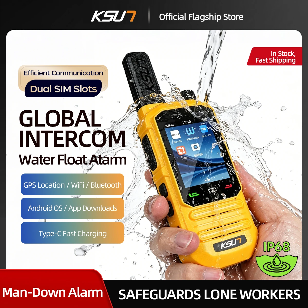 KSUN TFSI ZL72P Global 4G POC Walkie Talkie, featuring IP68 waterproof, floating drop alarm, GPS/BeiDou/GLONASS, 4000mAh battery