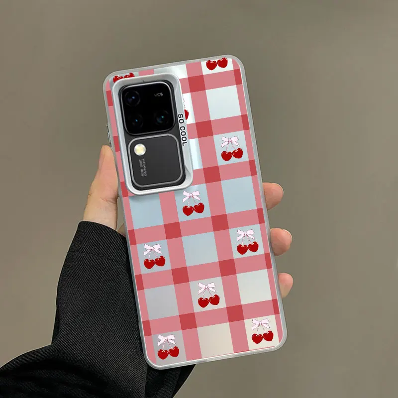 For Samsung Galaxy S24 S23 Ultra Plus FE S25 S22 Ultra Plus S21 FE Laser Phone Case Cute Fashion Girl Cherry Grid Pattern Covers