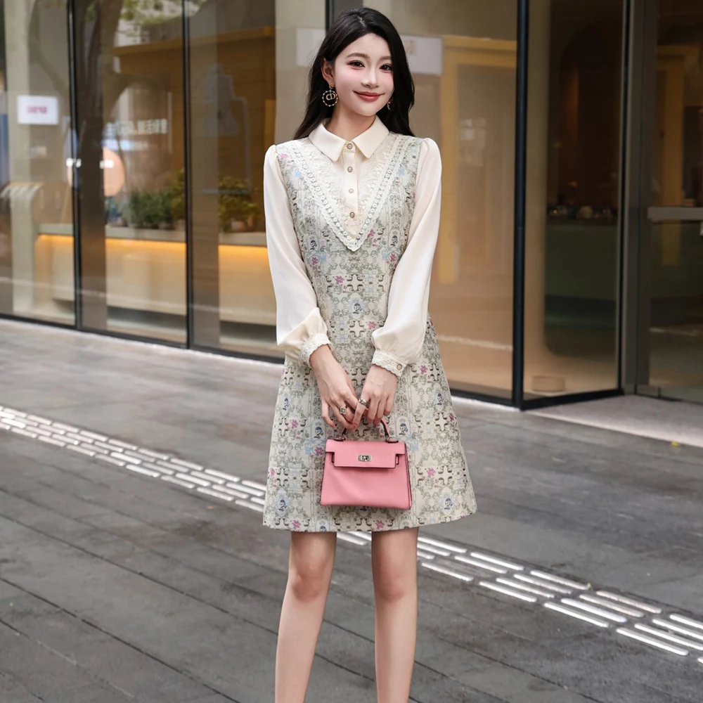 ZJYT Herfst Nieuwe Vrouwen Lange Mouw Bloemen Jacquard Jurk Vintage Turn Down Kraag Casual Knielengte Jurk Vestidos Vrouwelijke 2025