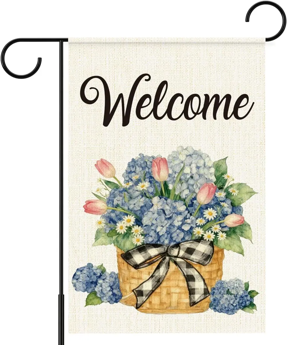 Welcome Spring Summer Garden Flag,Hydrangea Outdoor Flags for Garden Patio Yard Lawn,12x18 Inch Double Sided LLX PPM
