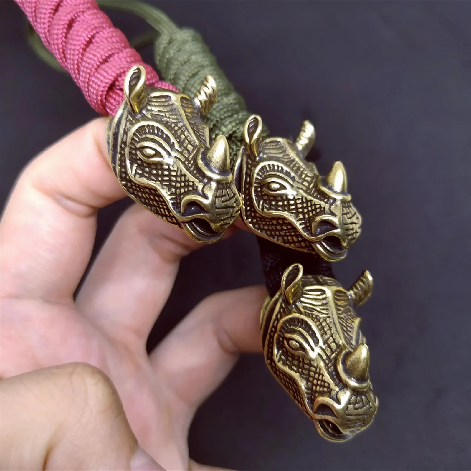 Paracord braided pendant Retro Brass Rhino head DIY Lanyard Knife bead Ornaments Bag hanging Rope Handmade