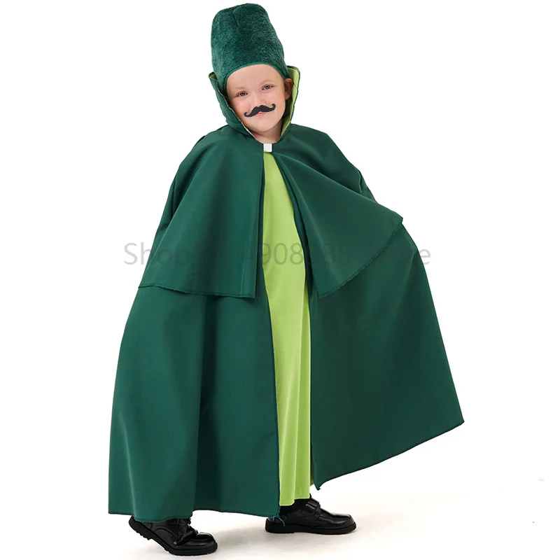 

OP enfant Green Elf Cosplay Costume With Gloves beard Set Junge King Uniform School Party Stage Performance Soldiers Cloak