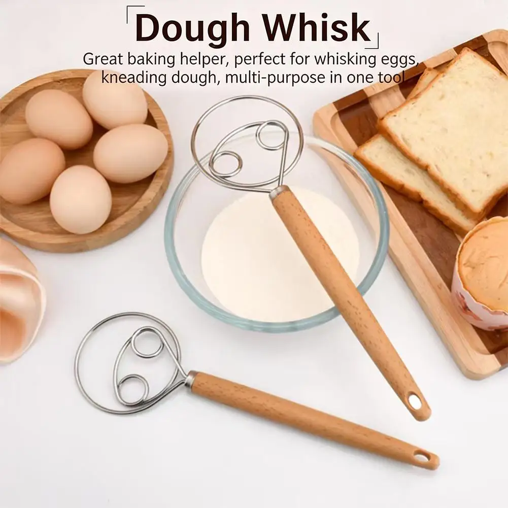 Dough Whisk Sourdough Baking Tools For Bread, Batter, Cake Stainless Steel Wooden Handle For Sourdough Bread Baking Dough Mixing