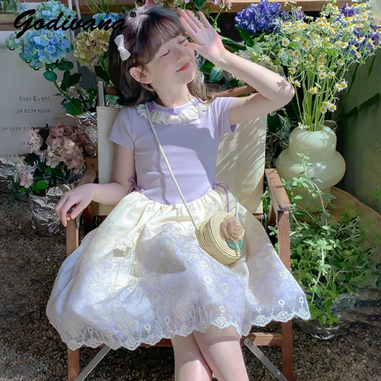 Sweet Baby Girls Summer 2026 New Lolita Princess Dress Childrens Floral Purple Short Sleeve Lace Collar Bow Loose Soft Dresses
