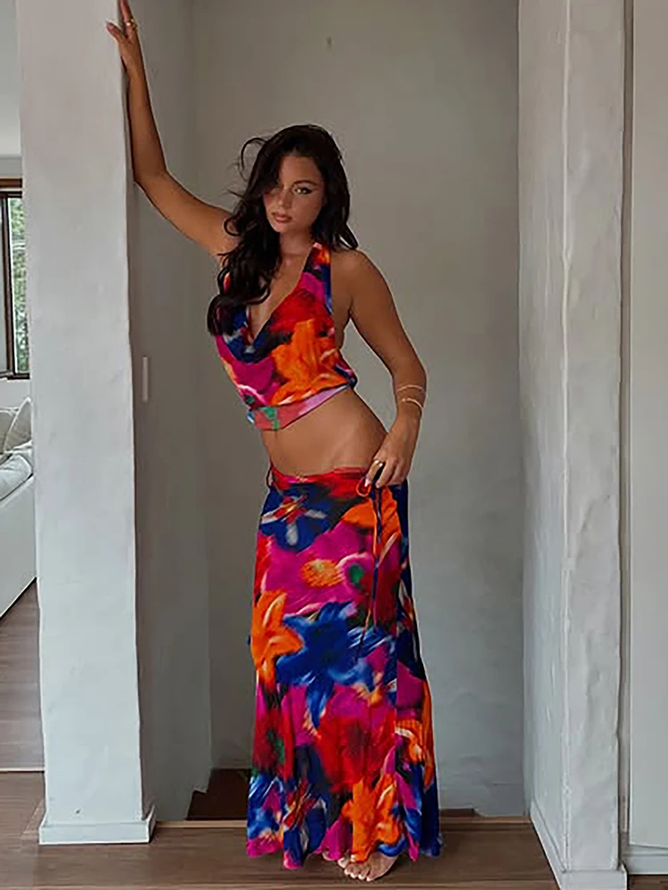 

Комплект из 2 предметов Kliou с цветочным принтом: женский топ-халтер с завязками и открытой спиной + юбка с эластичной талией и сборками, пляжный стиль, элегантный костюм