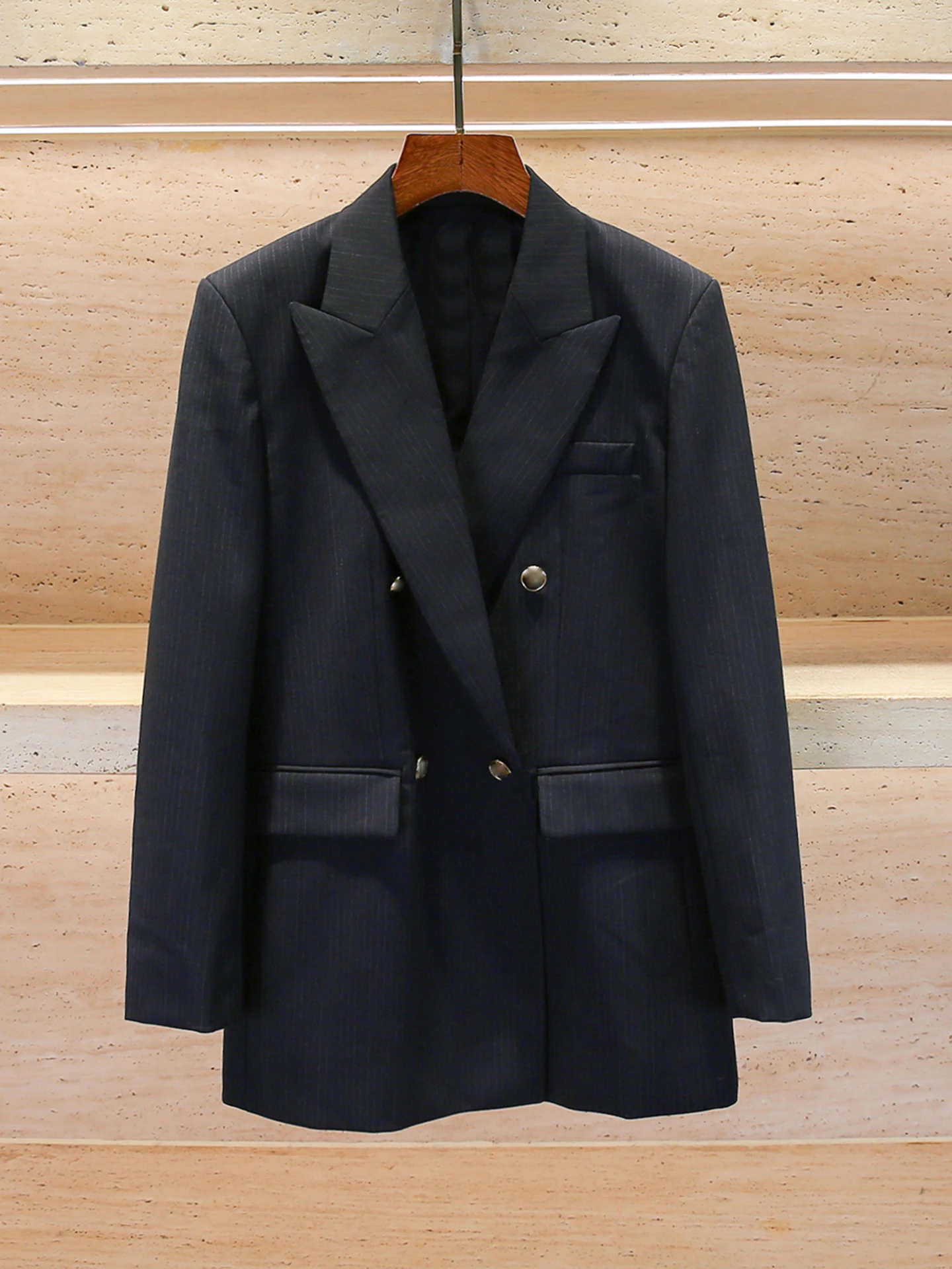 Ele Women's Striped Suit Jaet Double Buttoned High-End Sle Casual Stand Fit Breathable Long Sve Faion Outerwear