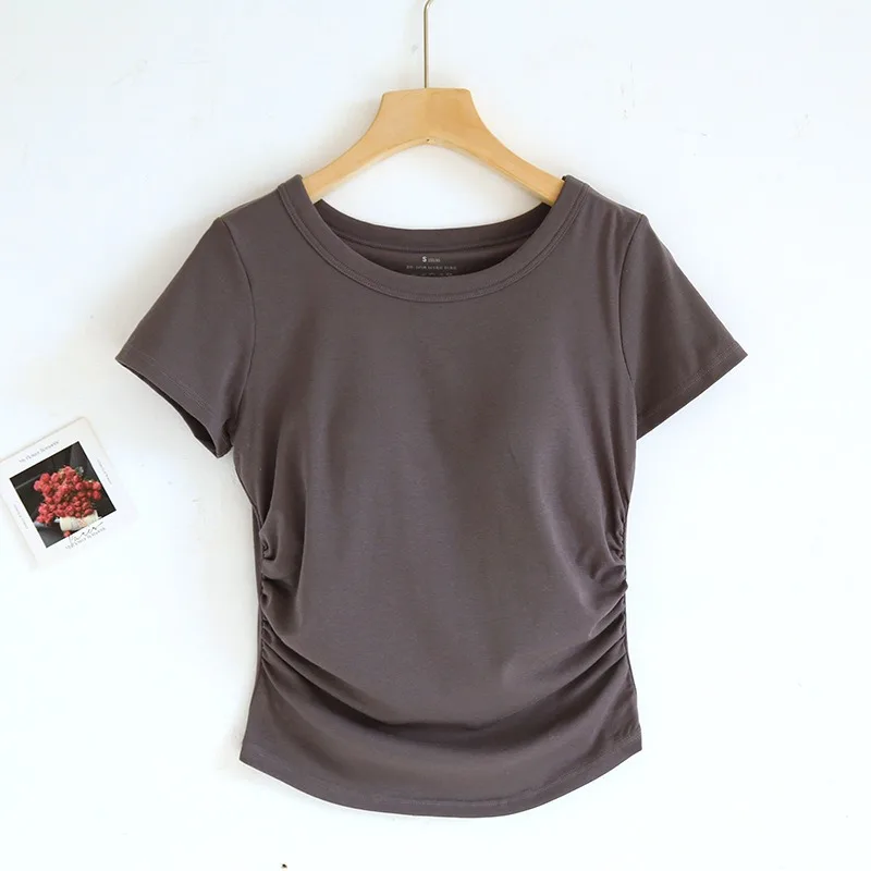 Women\'s T-Shirts Solid Color Short Sleeve With Padded Bust Wireless Base Layer Tops Slim Ruched Soft Female Outwear Sleep Tops