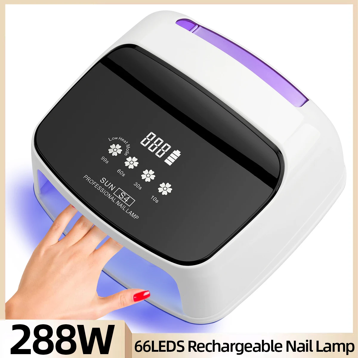 288W Professional Nail Lamp For Curing Gel Rechargeable UV LED Nail Lamp Cordless 66LEDS Nail Drying Lamp With 4 Timer Setting