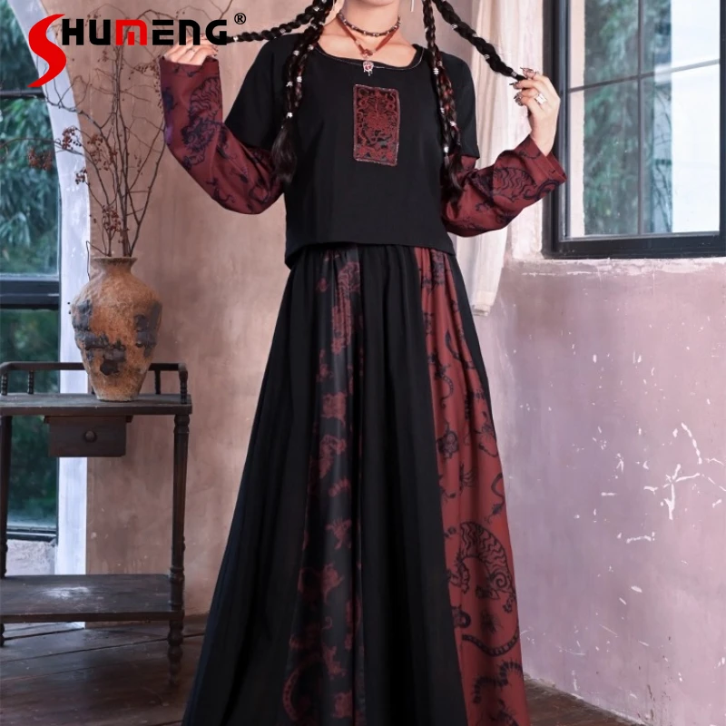 

Новые улучшенные длинные юбки в китайском стиле, утягивающая юбка с принтом на бедрах в китайском стиле, подходящая для повседневной носки для женщин