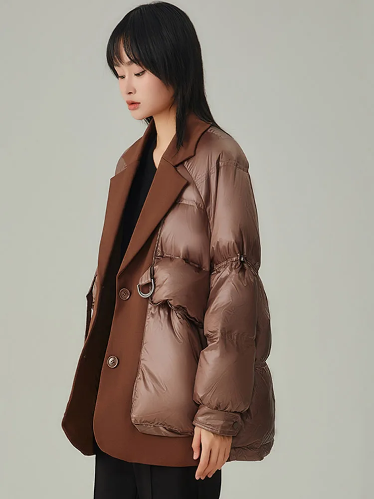 Chaqueta de plumón de invierno para mujer, abrigo de plumón de pato blanco, traje con cuello, diseño elegante, prendas de vestir exteriores de retazos, abrigo falso de dos piezas, cálido e informal