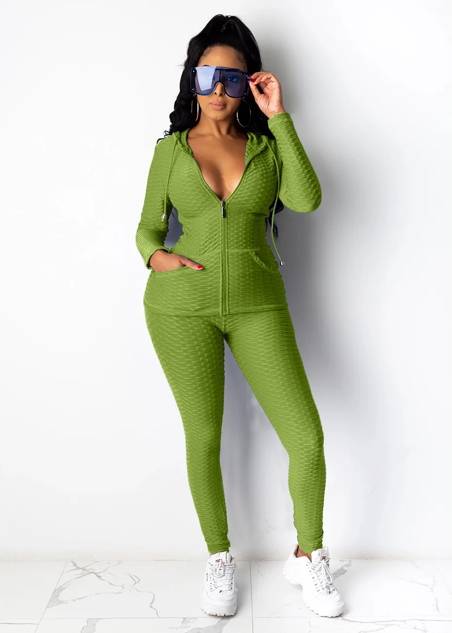 

Fall/Winter Women's Sports Suits Hooded Zippered Pocket Sweatshirt Skinny Pants Solid Color Two-Piece Casual Sports Jogging Set