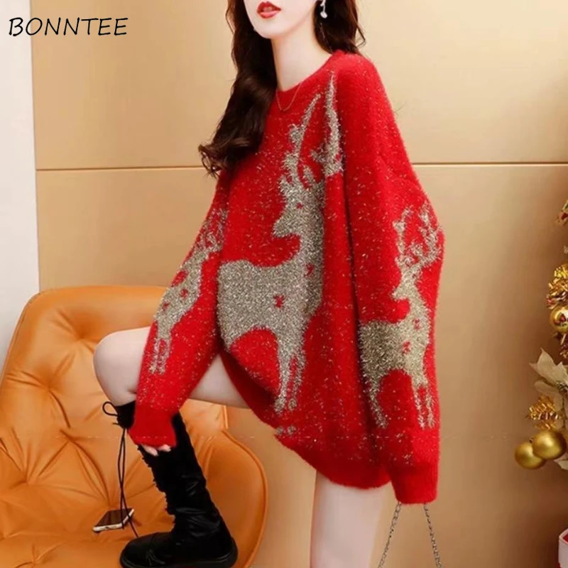 

Red Christmas Deer Sweaters Autumn Winter Pullovers for Women Warm Fashion Ladies Baggy All-match Long Sleeve Knitwear Clothes