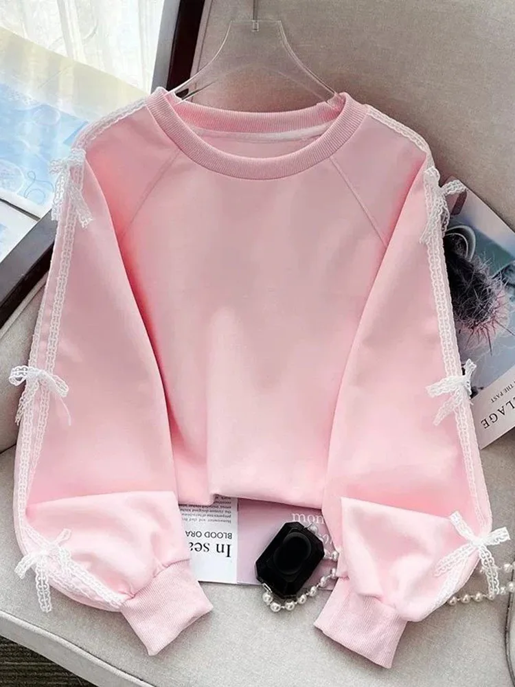 

Женские милые розовые свитшоты с кружевным бантом, с круглым вырезом, с длинным рукавом, весенний пуловер в корейском стиле, свободные полосатые топы с длинным рукавом