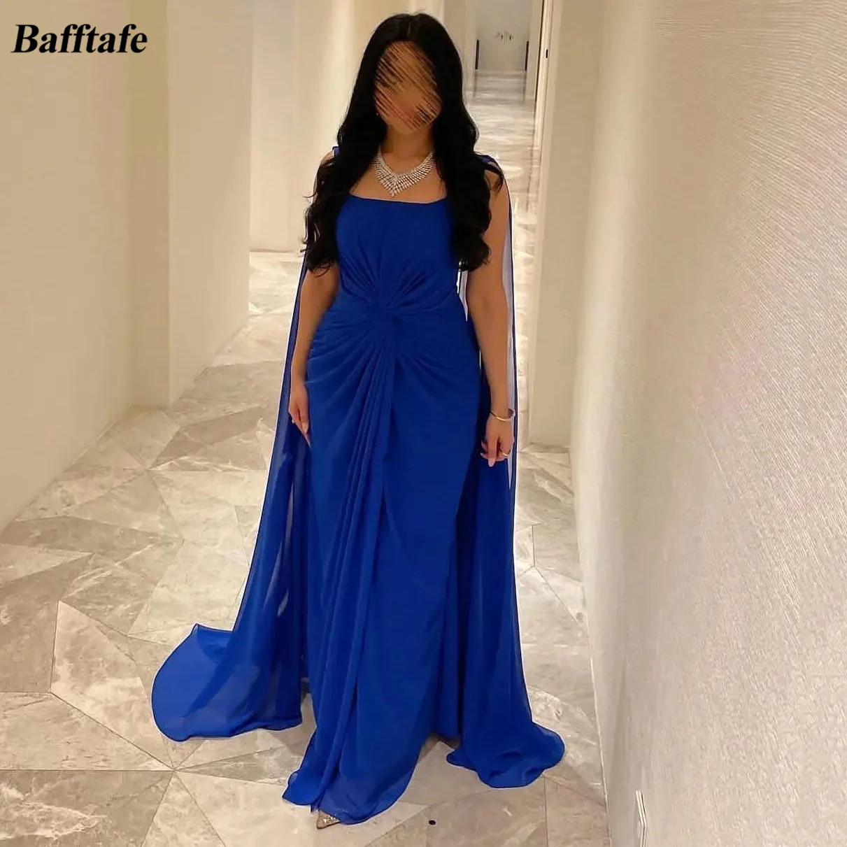 Bafftafe-Vestidos de Baile Azul Royal Chiffon para Mulheres, Comboio Longo de Ombro, Plissado, Vestidos Formais, Vestido Especial de Casamento