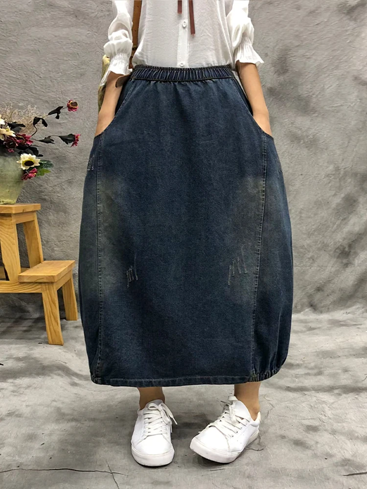 Amax luluE Design Autumn Women Fashion Loose Elastic Ripped Denim Skirts Ladies Vintage Casual Streetwear Classic A-Line Clothes
