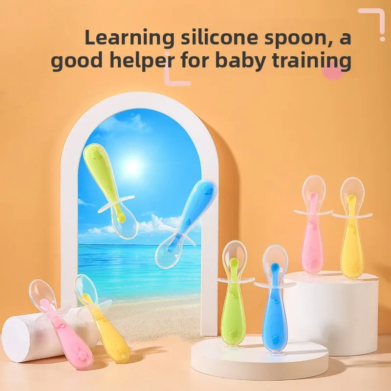 Fotografia 4: Colher de silicone para bebês, alimentação de pasta de arroz para bebês, colher de sopa de cabeça macia, colher de treinamento, colher curta de silicone com escudo infantil