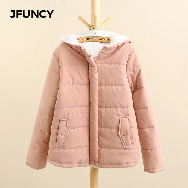 JFUNCY Women Winter Parkas 2022 Fashion Women\'s Jackets Fleece Hooded Windproof Warm Velvet Female Cotton Coat Pink Blue Khaki