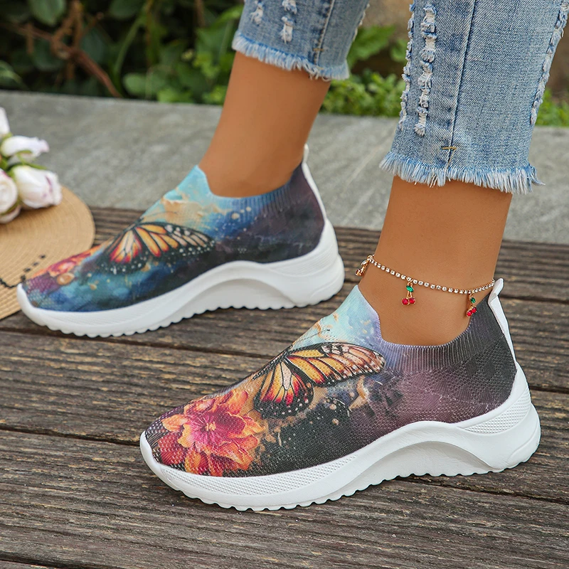 Fashion Printed Knitted Flats Women 2024 Summer Lightweight Breathable Mesh Sneakers Woman Slip On Casual Walking Shoes Size 43