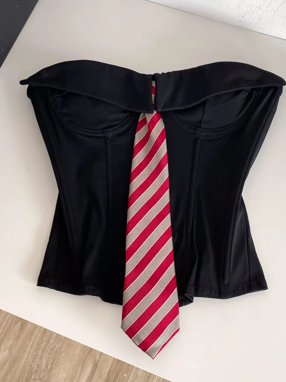Women's Black Cami Top Preppy Style Tie Fishbone Tube Top Elegant Sexy Slim Camisole Outerwear Off Shoulder Tank Top Summer 2026