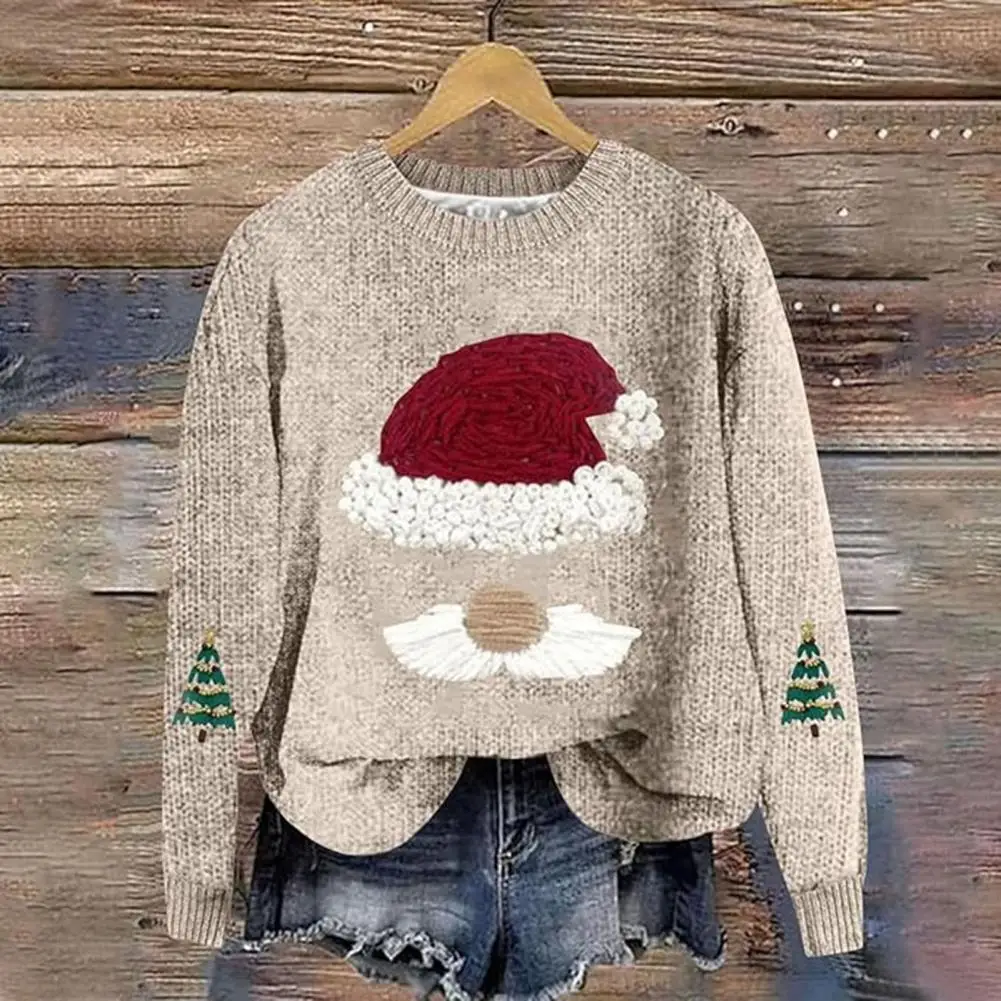 Women Sweatshirt 3D Santa Hat Round Neck Sweater Loose Thick Pulliver Knitted New Year Winter Top Keep Warm School Sweatshirt