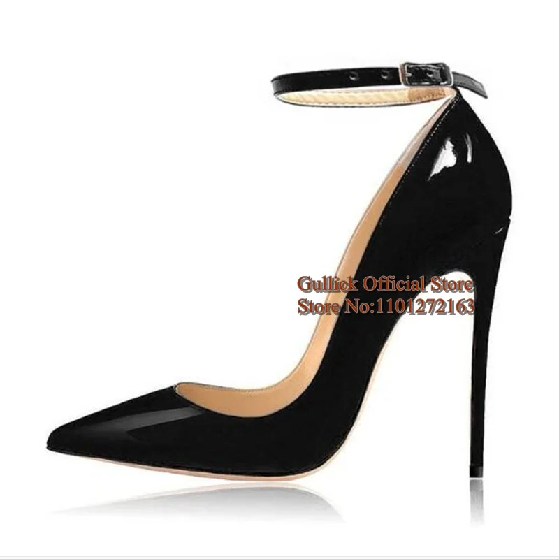 Buckled Ankle Strap Stiletto Pumps Heels Black Fuchsia Patent Leather Pointed Toe Shallow Women celebrating Shoes Big size12