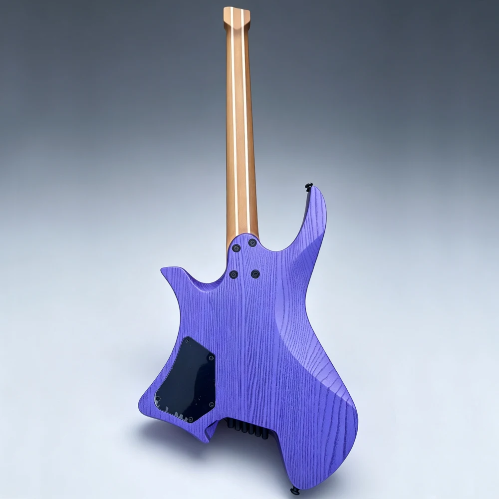 New 6 String Headless Electric Guitar Purple Burst Burl Maple Top Oblique Frets 5 Piece Roasted Maple Neck Stainless Steel Frets