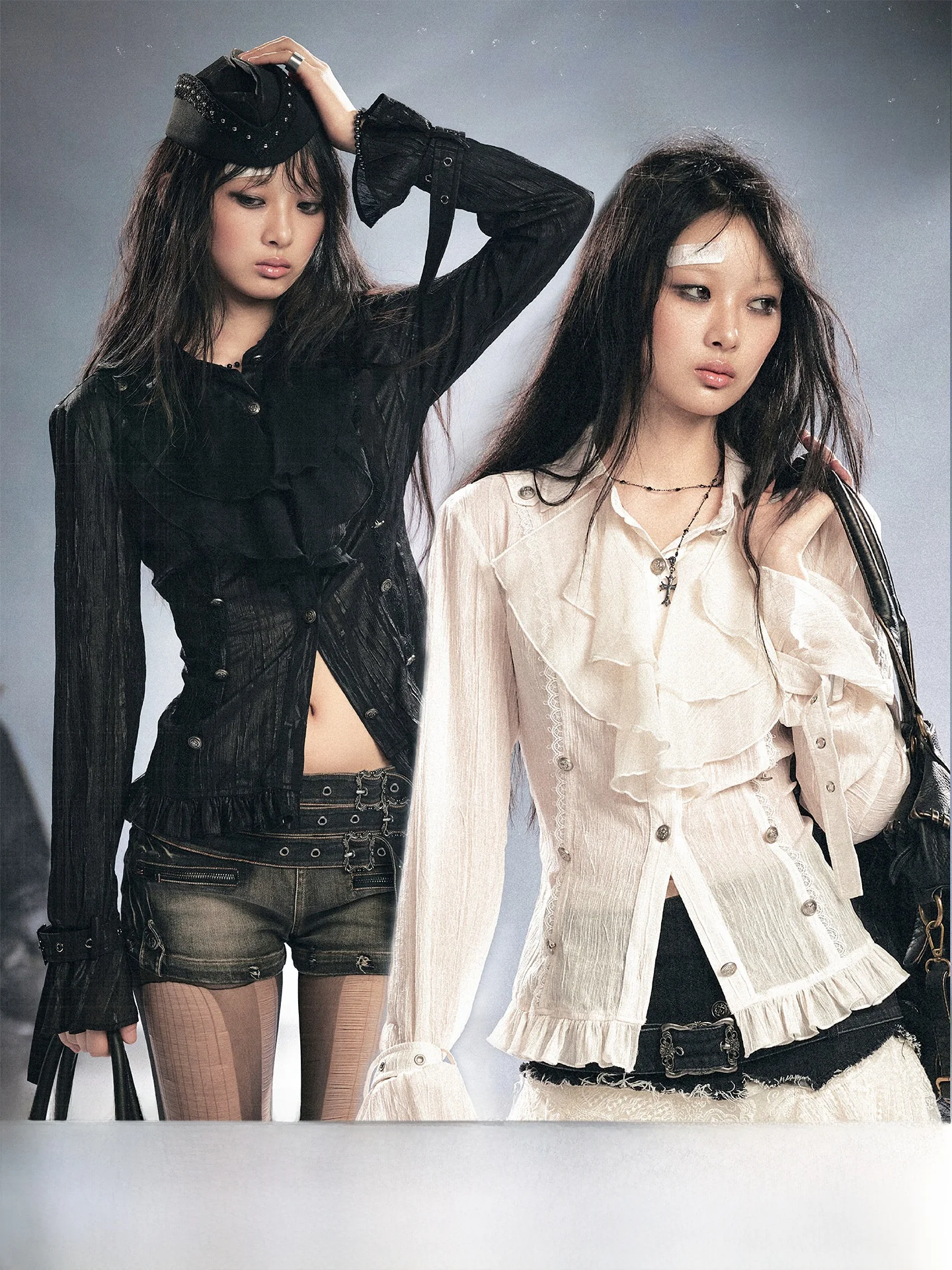 

CestNous Gothic Style Long Sleeve Women's Shirt Slim Fit See through Ruffle Hemline Poetic Opaque Textured Sensation Romantic