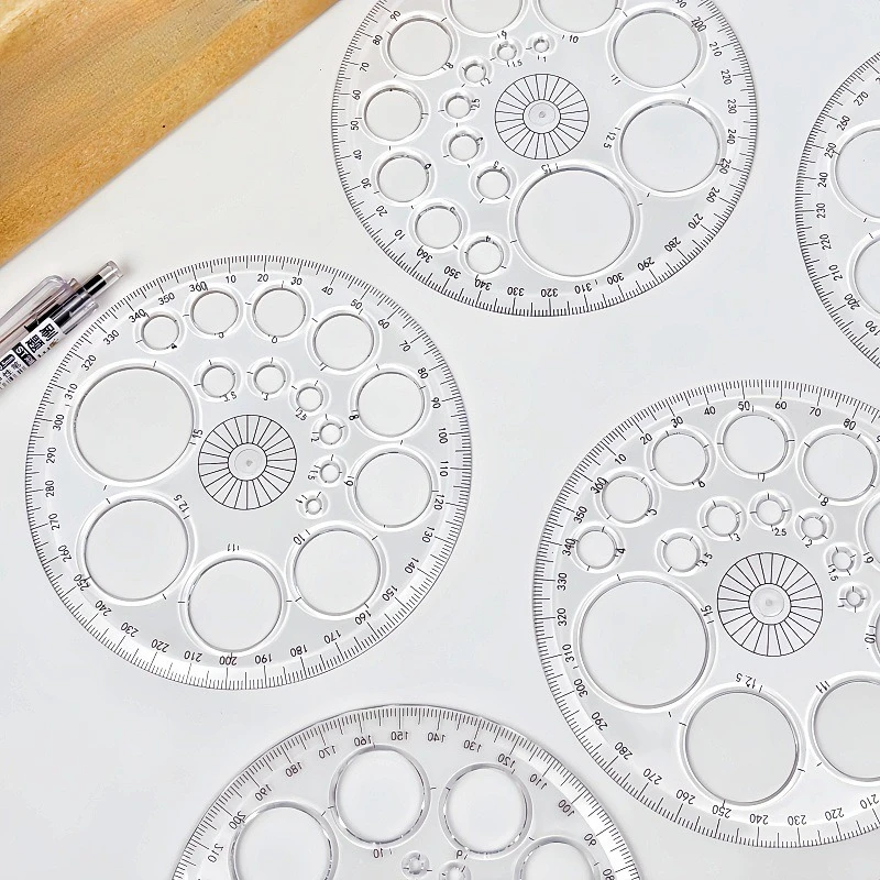 1pc 360-Degree Rotating Round Ruler - Transparent Blue Template with Circles & Degrees for Drafting, Patchwork, Office