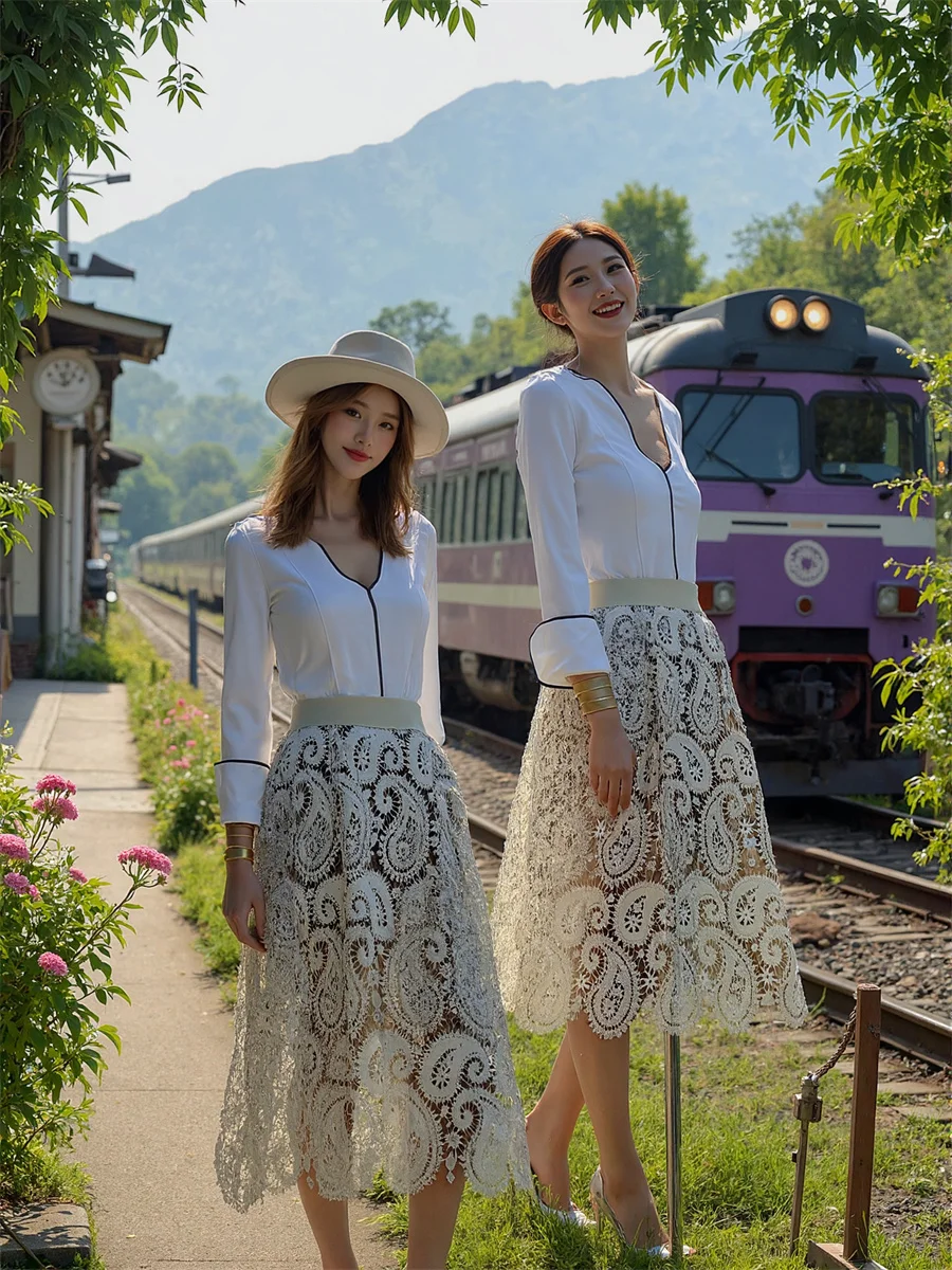 Midi dentelle Vintage jupes femmes épissage gâteau Patchwork couches plissées à plusieurs niveaux romantique élégant Feminina artistique doux polyvalent