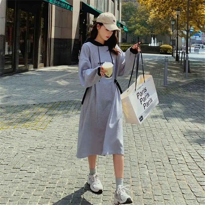 Spring Autumn New Contrast Hooded Casual Dresses Long Sleeve Letter Printing Lacing Dress Vintage Fashion Women Clothing