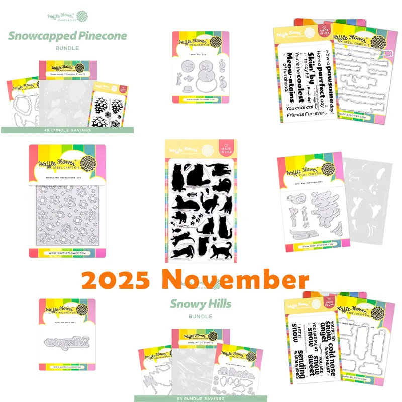 2025, November, Katze, Hund, Silhouetten, verschneite Schneeflocke, Schneemann, Stanzfühle, klare Stempel, Tannenzapfen-Schablone für die DIY-Herstellung von Grußkarten