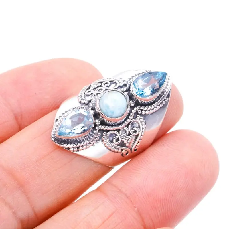 StarGems® Natural Larimar Blue Topaz Handmade 925 Sterling Silver Ring 5.75 F0898